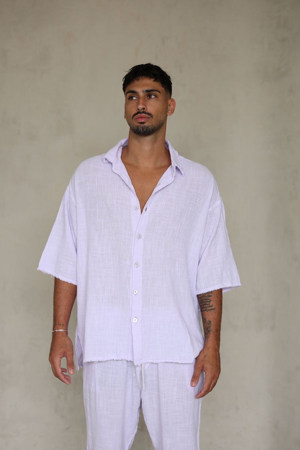סגול COTTON מכופתרת קצרה פשתן