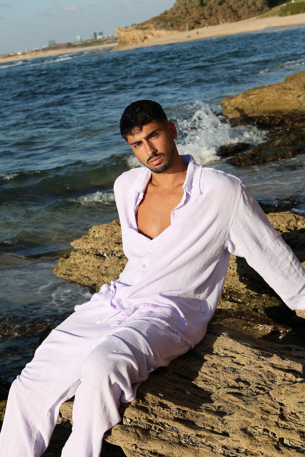סגול COTTON מכופתרת פשתן