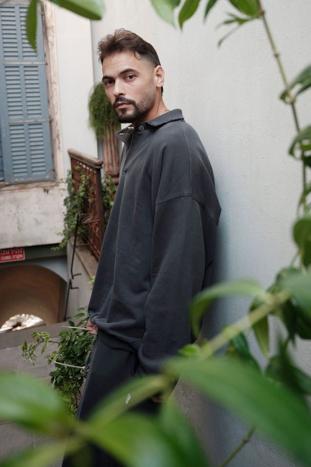 אפור פחם TOP POLO OVER SIZE