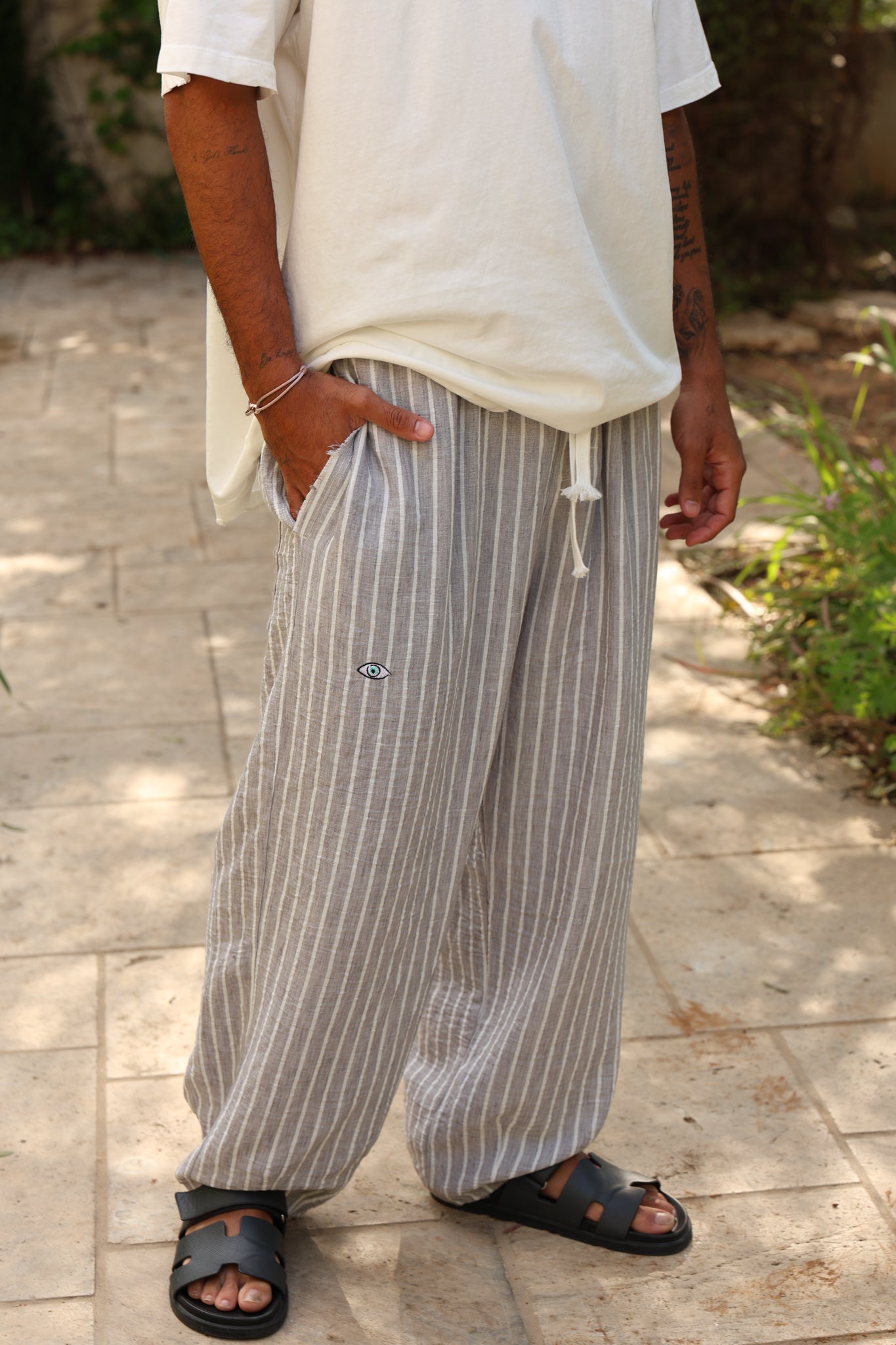 פשתן פסים אפור לבן OVER SIZE SOFT מכנס