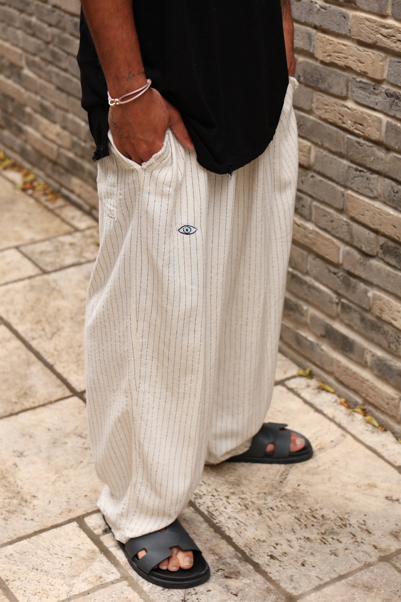 פשתן פסים לבן שחור OVER SIZE SOFT מכנס
