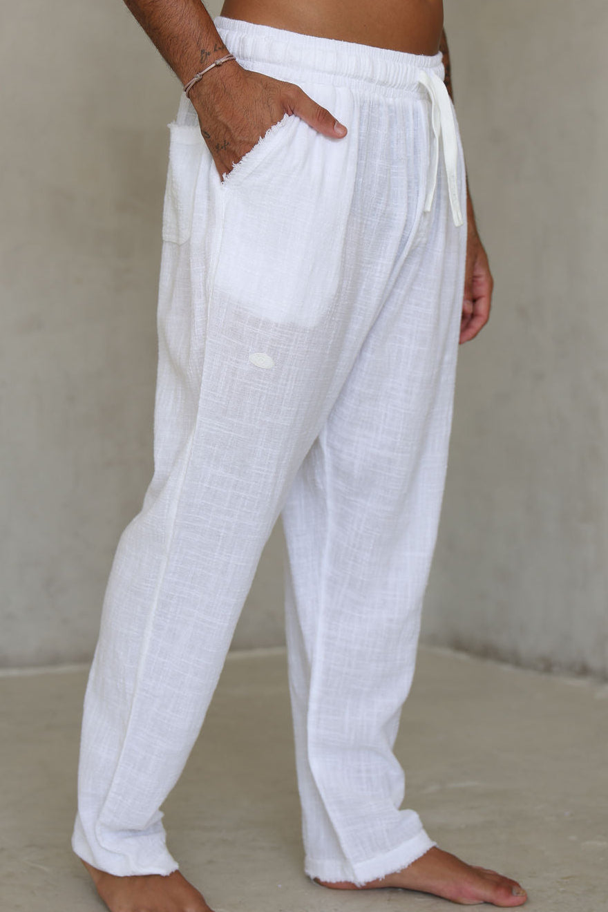 לבן COTTON מכנס פשתן