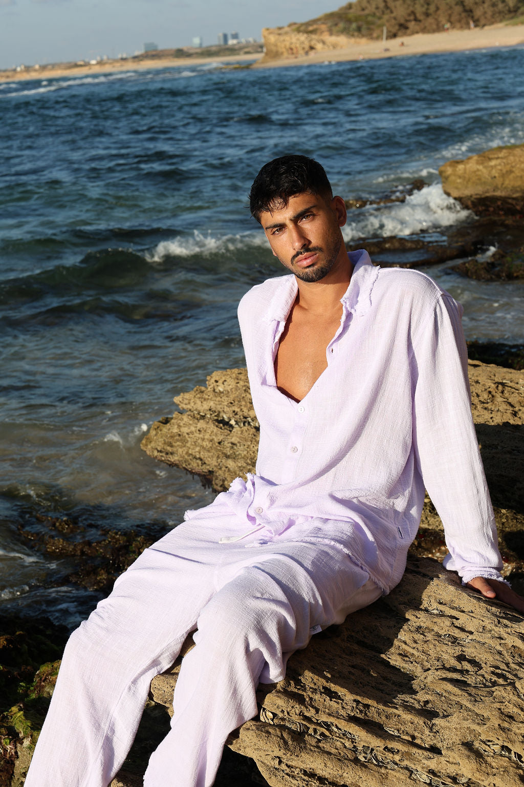 סגול COTTON מכופתרת פשתן